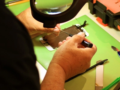 Working on a cell phone screen on a green mat
