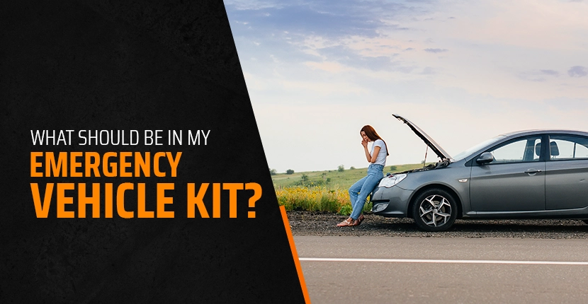 What should be in my vehicle emergency kit; Person leaning against a car on the side of the road