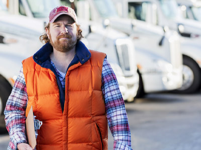 Man standing in front of a line of trucks