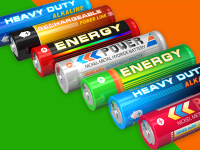 Row of different Alkaline batteries