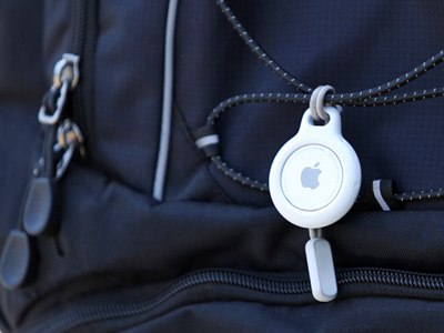 AirTag hanging on a backpack